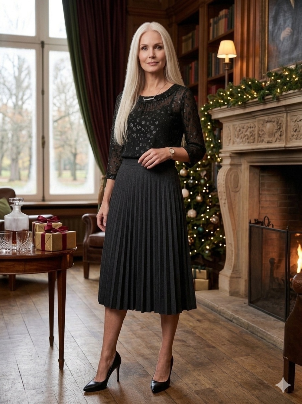 LOFT Black Sheer dotted blouse with 3/4 Sleeves and shimmer